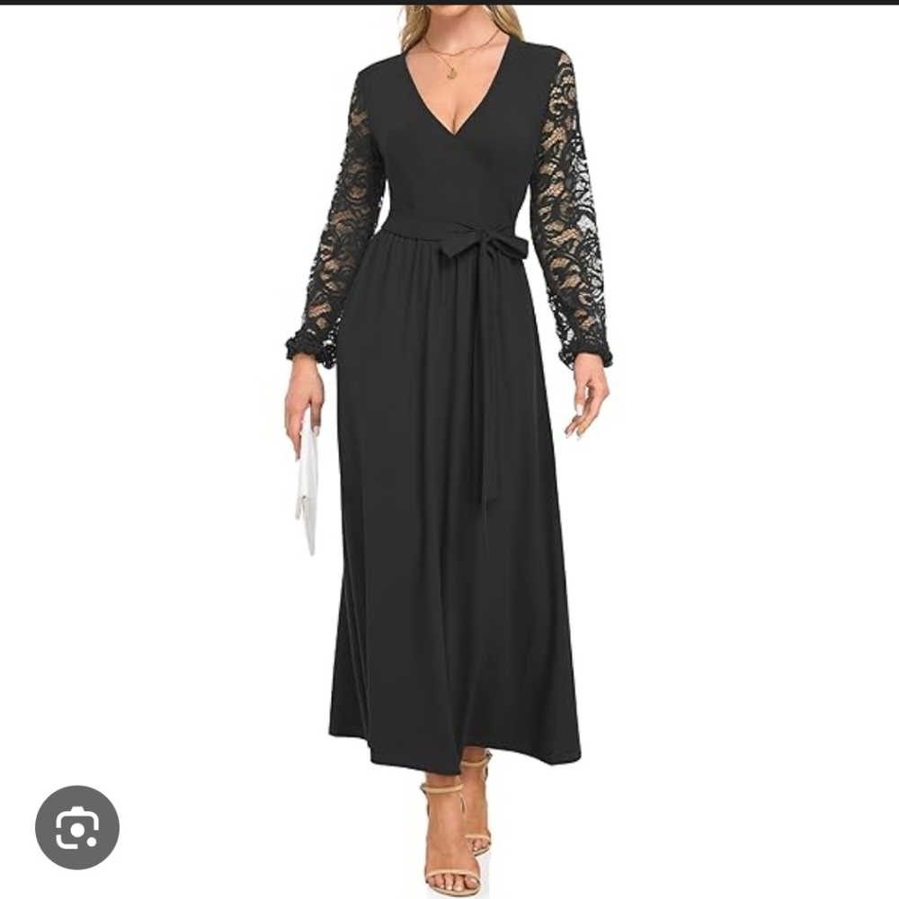 Zattcas V-Neck Black Maxi Dress with Lace Long Sleeves and Self-Tie Waist